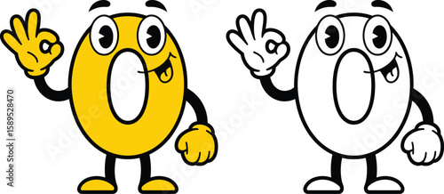 Funny cartoon number zero character. A happy smiling mascot making an OK hand gesture. Includes color and black and white line art versions for coloring.
