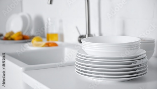 Clean white dishes stacked near kitchen sink.