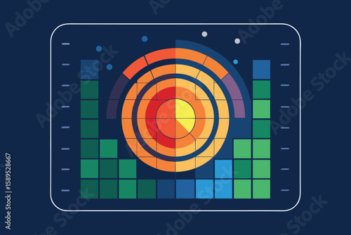 Abstract data visualization displaying analytical information with colorful graphs and charts on dark blue background