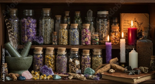 Mystical Collection of Herbs and Crystals in Glass Bottles on Wooden Shelf