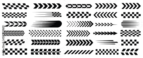 Racing cars and race car stripes set, checkered flags, finish line graphics, dynamic lines, motocross labels, motorsport elements and racing stripe speed 
