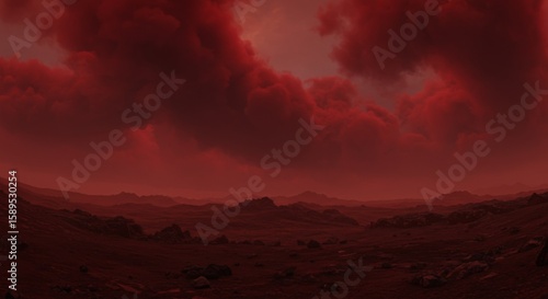 Red Landscape with Dark Clouds and Rocky Hills
