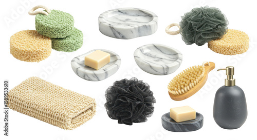 Photo of a collection of bath and body accessories including soap dishes, sponges, and brushes isolated on transparent background