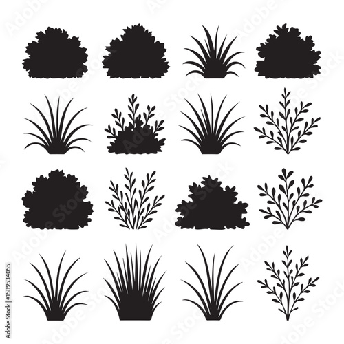 Silhouette Bushes and Grass Vector Set for Landscaping and Nature Design

