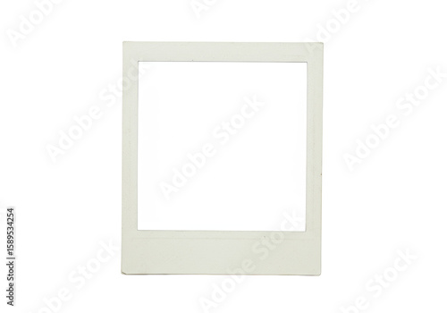 Empty, distressed vintage-style polaroid instant film frame with off-white, creased, and worn edges, featuring a blank square, isolated against a transparent background with ample copy space,