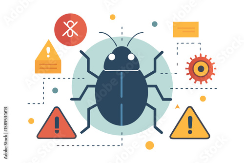 Computer bug illustrated concept of software defect error or malicious code threatening system security and functionality