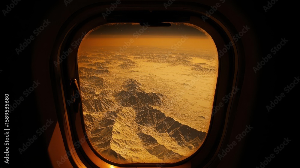 Fototapeta premium Golden Hour Mountain Views from Airplane Window