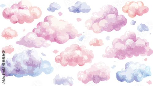 Watercolor Clouds Seamless Border Pink Purple and Blue Isolated on White