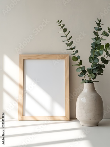 Modern minimalist mockup:  Blank wooden frame, eucalyptus branches in beige vase, sunlit scene.