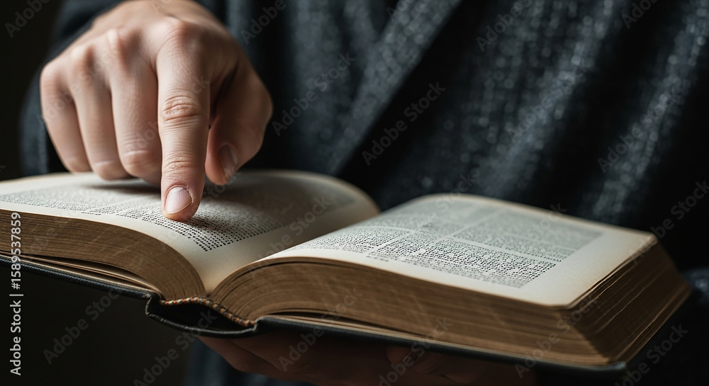 Fototapeta premium Reading an old book, finger pointing at the text