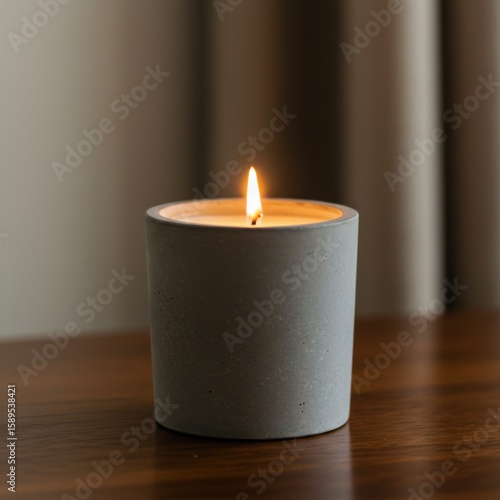 Wallpaper Mural Gray candle with flame glowing on wooden surface indoors. Home interior     Torontodigital.ca