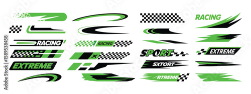 Racing sport stripes and flames stickers decals set, extreme sports racing flags, sport car and motorbike design elements
