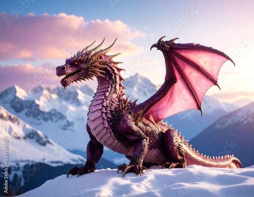 Majestic dragon on snowy mountain peak at sunrise