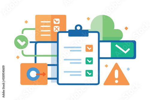 Streamlined workflow visualization showcasing process completion with checklist and relevant notifications in a clean and modern illustration.