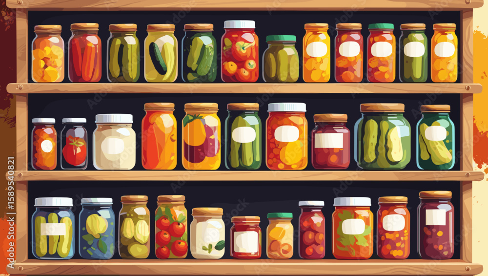 Fototapeta premium Shelves full of colorful homemade canned vegetables and fruits in jars for food preservation