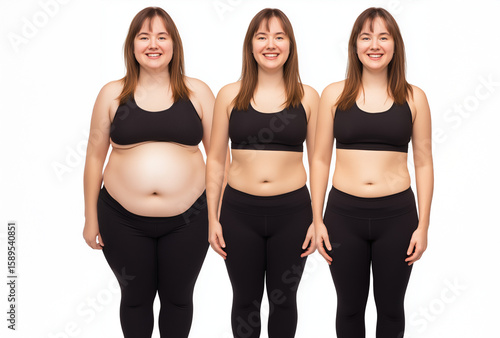 Beautiful brown-haired American woman in black sports top and yoga pants shows weight loss transformation in three full-body photos: obese, slimming, then toned. She faces the camera. 
