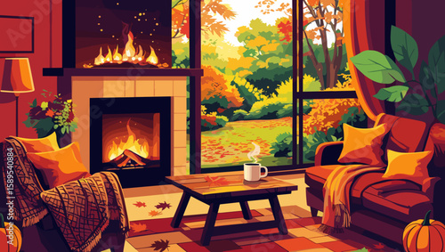 Cozy living room with a fireplace and autumn view through the window, complete with pumpkins and warm decor