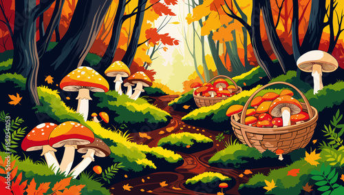 Mushroom picking scene in a colorful autumn forest with baskets of fungi along a winding path