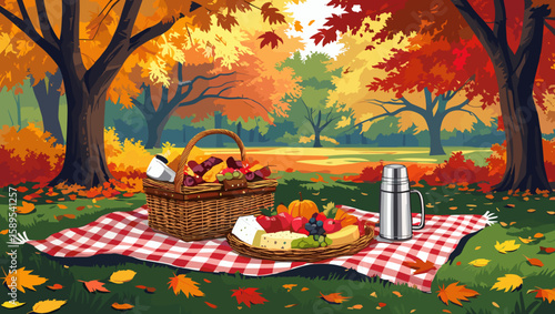 Autumn picnic setup with a basket and fresh fruits on a blanket in a colorful park surrounded by trees