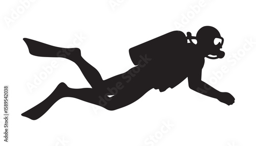 Scuba Diver Silhouette Icon Underwater Swimming with Gear and Flippers

