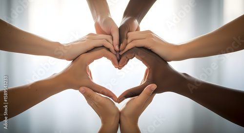 Diverse hands forming a heart shape, symbolizing unity and connection.