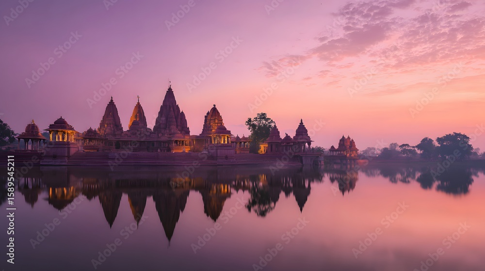 Fototapeta premium Majestic Temple at Twilight Reflection