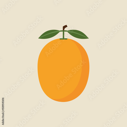 Fresh orange fruit with green leaves on neutral background  