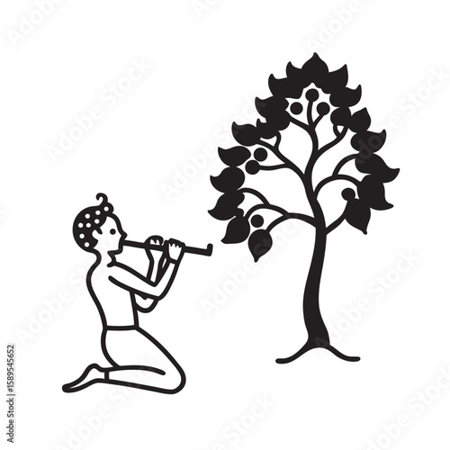 Lord Krishna Playing Flute Under Tree Silhouette