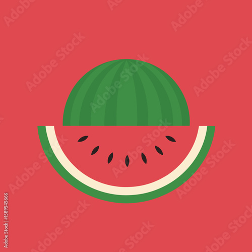 Watermelon slice and whole watermelon on red background  