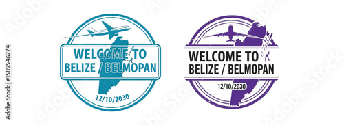Welcome to Belize and Belmopan stamp featuring an airplane and map of Belize graphic