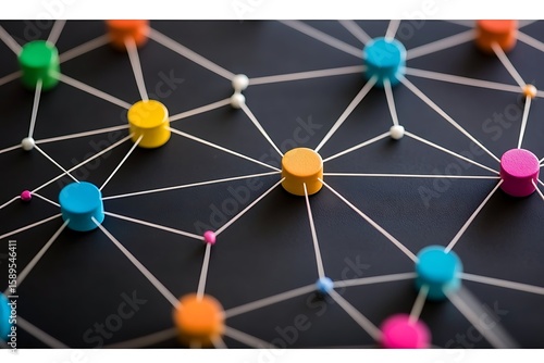 Network connectivity concept with colorful push pins and string, illustrating connection and collaboration