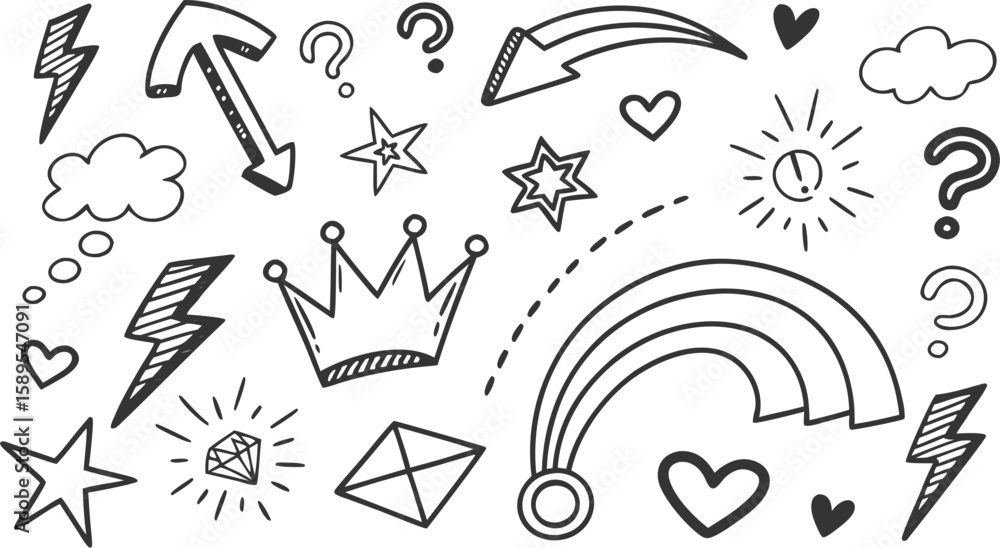 Fototapeta premium Sketch line arrow element, star, heart shape. Hand drawn doodle sketch style circle, cloud speech bubble grunge element set. a seamless collection of hand-drawn doodle elements in black on a white 