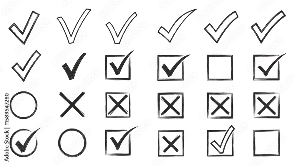Check Mark and Cross Icon Set – Hand-Drawn Vector Checklist, Checkbox, Tick, X, Circle, and Marker Doodle Symbols
Check Mark and Cross Icon Set – Hand-Drawn Vector Checklist, Checkbox, Tick, X, Circle, and Marker Doodle Symbols