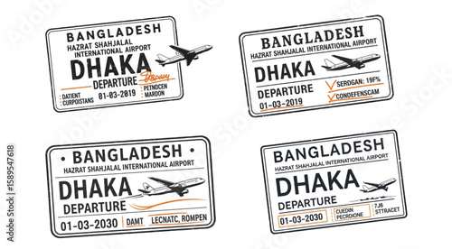 Dhaka Bangladesh airport departure stamps with airplane graphics for travel designs