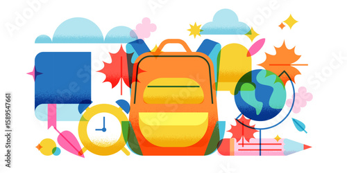 Back to school banner, education poster design. Vector illustration of school supplies, backpack, book, clock, globe