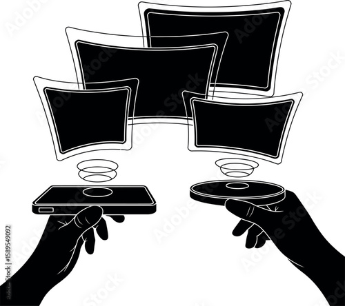Black and white illustration of hands holding devices with screens technology communication