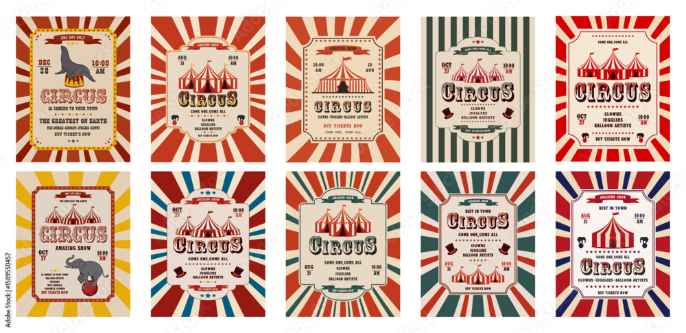 Vector set of retro circus invitation poster templates featuring a tent. Vector illustration.