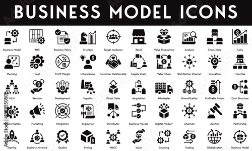 Business Model Icons set vector illustration with collection of globalization, trading, sourcing, value proposition, pricing, quality, startup, partnership, auction, channels, distributer, revenue.