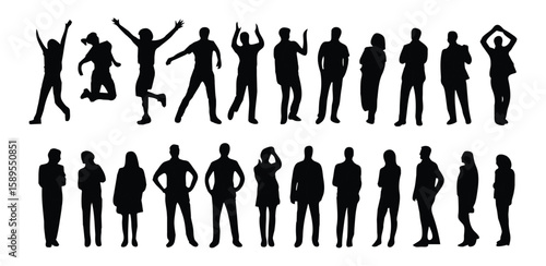 Diverse group of people in silhouette with arms raised in celebration and standing in rows isolated on white background