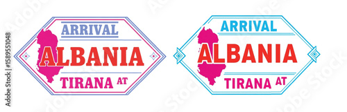 Arrival Albania design features Tirana text and a map in a geometric frame