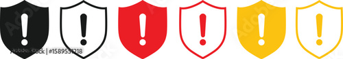 Alert Shield Icon Set – Five Warning Symbols Featuring Central Exclamation Marks in Black, Red, and Yellow Shield Silhouettes on White Background