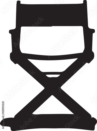 An isolated vintage movie director's chair sits next to a classic film reel and an old camera