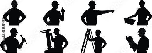 Silhouettes of construction workers in various poses and actions safety helmet set, bundle, vector, isolated on white background, cutout, png, clipping path, transparent, image, download, 2025,2026