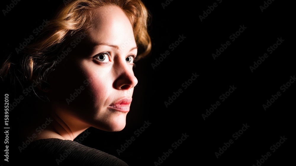 Fototapeta premium Portrait of a woman in low light, showcasing her profile and thoughtful expression against a dark backdrop