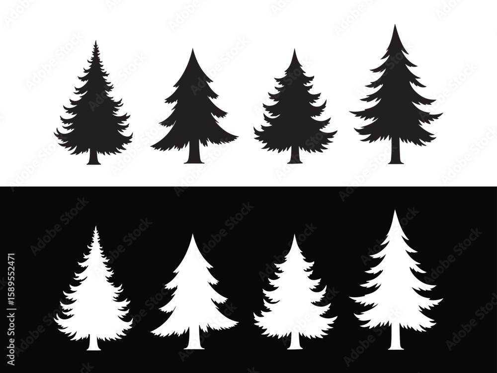 Obraz premium Four black and white pine tree silhouettes fir tree