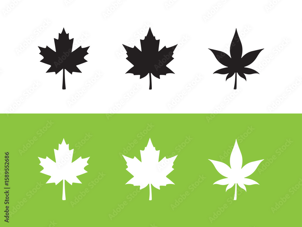 Fototapeta premium Six stylized leaf silhouettes on white and green backgrounds