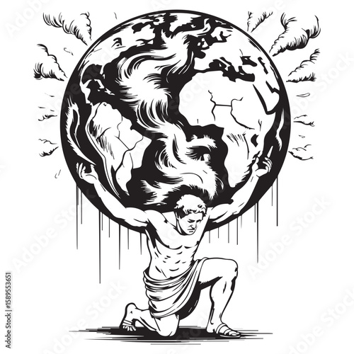 Powerful illustration of atlas heroically holding the earth globe on his shoulders with a determined expression and clouds around