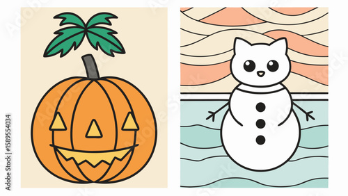 Halloween pumpkin and cute snowman jack o lantern