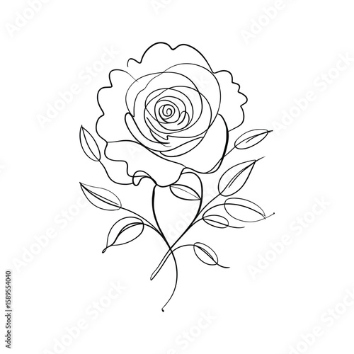 Wallpaper Mural Minimalist black line drawing of a blooming rose with leaves flower petals Torontodigital.ca