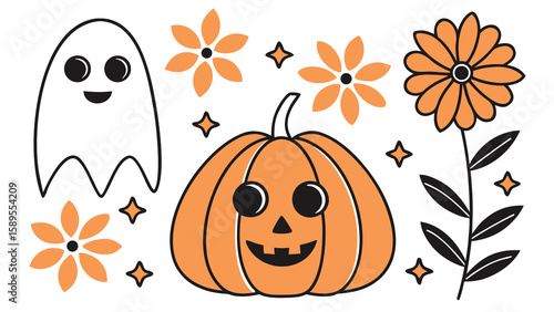 Happy ghost and jack o lantern surrounded by orange flowers and stars pumpkin